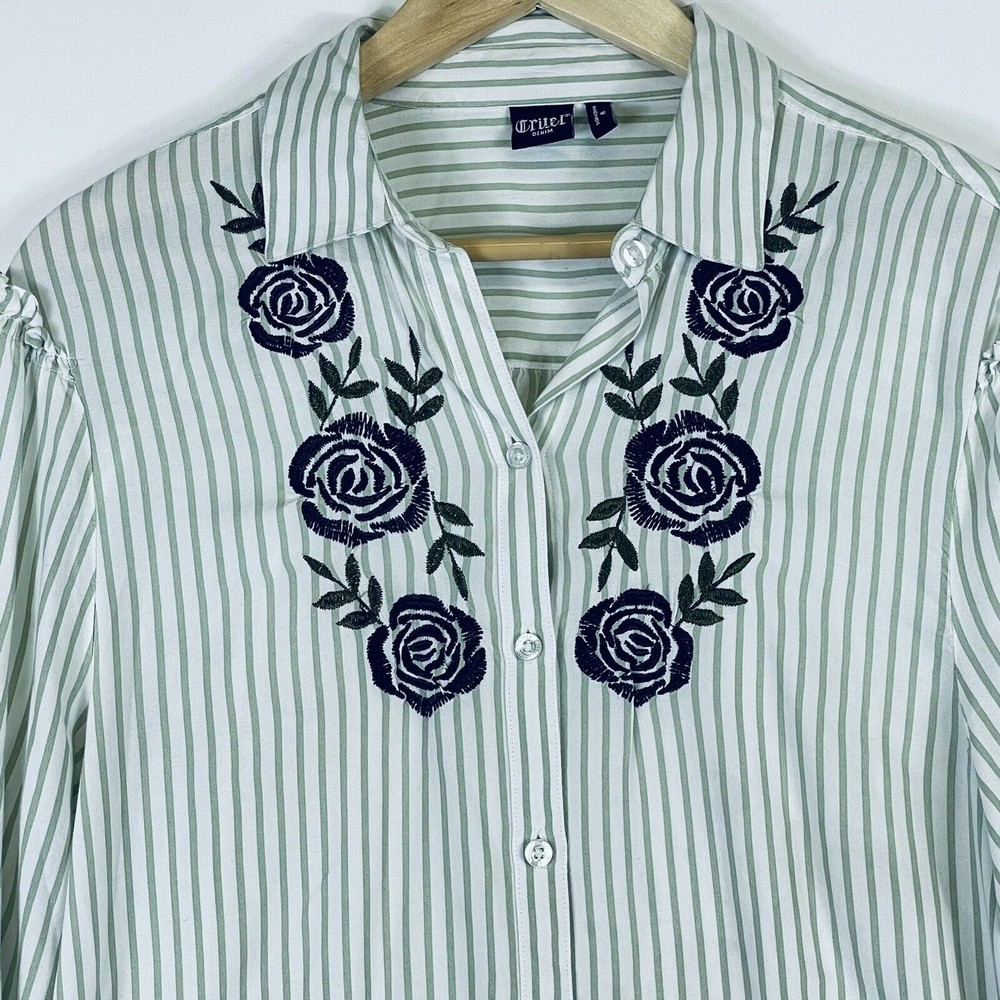 Cruel Denim Green Stripe Roses Rayon Western Long Sleeve Shirt Top Womens Medium - Picture 2 of 6